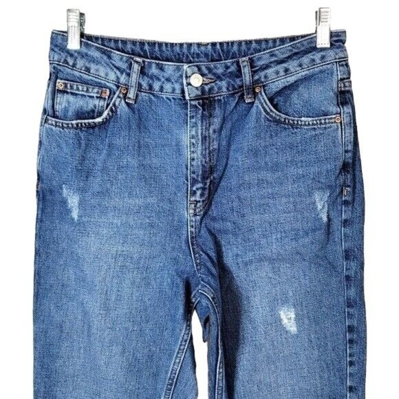 Topshop Jeans Blue Size 30 Distressed Cotton Zip Pocket Taper Mom High Rise Moto - Picture 2 of 7